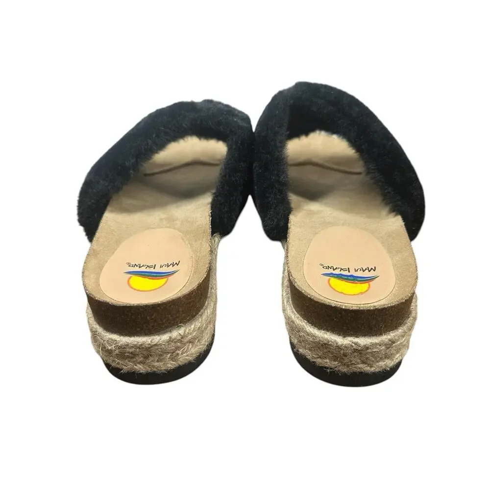 Maui Island Black Faux Fur Platform Wedge Slide Sandals Slippers Cork Footbed 10